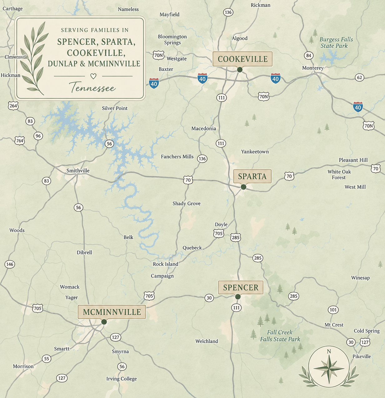 Map of Middle Tennessee showing Anchored Roots service area: Spencer, Sparta, Cookeville, Dunlap, and McMinnville