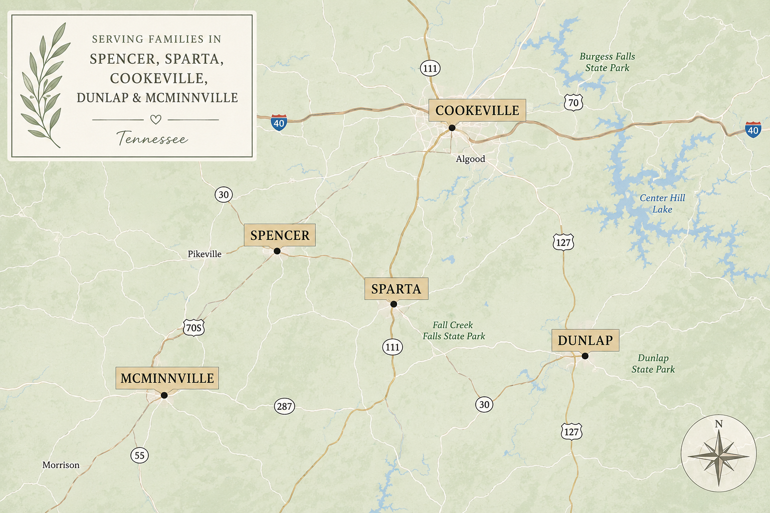 Map of Middle Tennessee showing Anchored Roots service area: Spencer, Sparta, Cookeville, Dunlap, and McMinnville